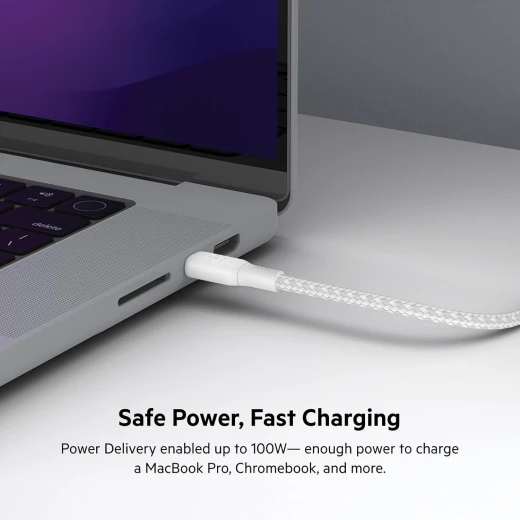 كابل بلكين USB-C إلى USB-C بطول 6.6 قدم، 100 واط، أبيض، سلك شاحن مضفر لأجهزة iPhone و Galaxy و iPad والمزيد - بيلكين - Image 3