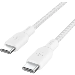 كابل بلكين USB-C إلى USB-C بطول 6.6 قدم، 100 واط، أبيض، سلك شاحن مضفر لأجهزة iPhone و Galaxy و iPad والمزيد