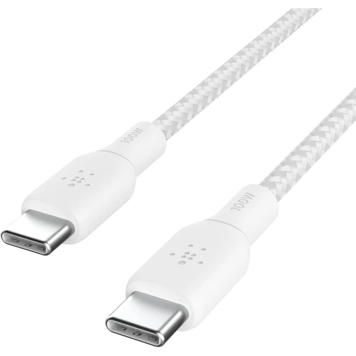 كابل بلكين USB-C إلى USB-C بطول 6.6 قدم، 100 واط، أبيض، سلك شاحن مضفر لأجهزة iPhone و Galaxy و iPad والمزيد كابل بلكين USB-C إلى USB-C بطول 6.6 قدم، 100 واط، أبيض، سلك شاحن مضفر لأجهزة iPhone و Galaxy و iPad والمزيد