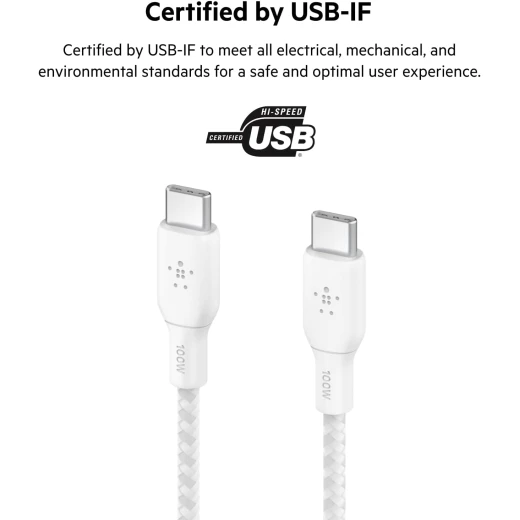 كابل بلكين USB-C إلى USB-C بطول 6.6 قدم، 100 واط، أبيض، سلك شاحن مضفر لأجهزة iPhone و Galaxy و iPad والمزيد - بيلكين - Image 5