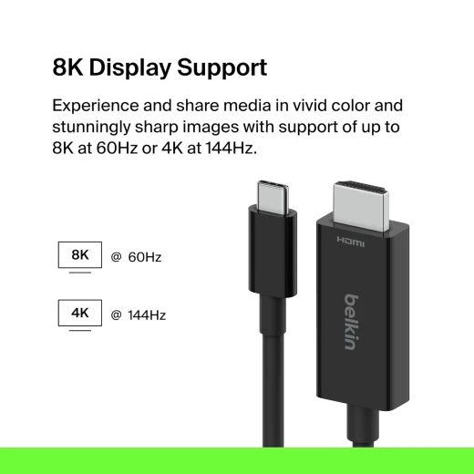 كيبل بيلكين USB-C إلى HDMI 2.1 بطول 6.6 قدم (2 متر) - يدعم 8Kب 60 Hz، 4K  ب 144 Hz، HDR، HBR3، DSC، HDCP 2.2، معتمد للعمل مع كروم بوك، ماك بوك، آيباد برو - بيلكين - Image 2