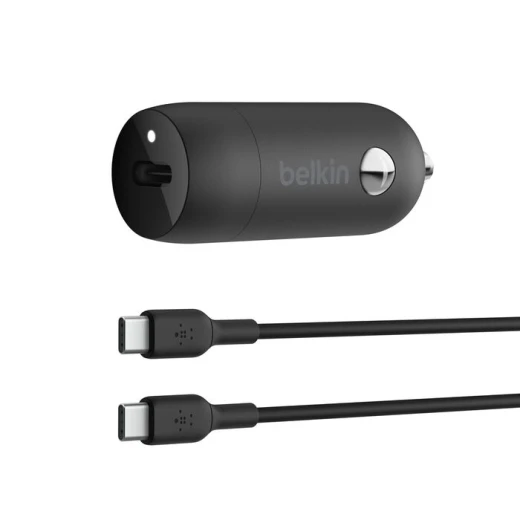 شاحن سيارة بيلكين 30W USB-C PD مع كابل USB-C - أسود شاحن سيارة بيلكين 30W USB-C PD مع كابل USB-C - أسود