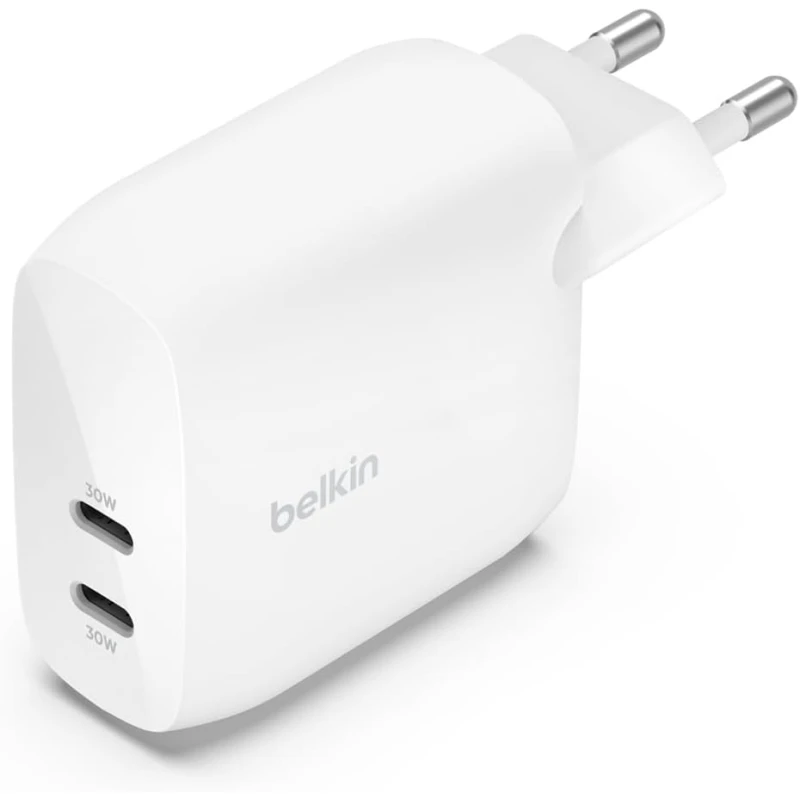 شاحن بيلكين BoostCharge 60W USB-C PD بمنفذين لأجهزة iPhone و iPad و Samsung والمزيد - أبيض - بيلكين