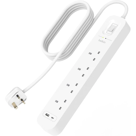 شريط حماية من زيادة التيار الكهربائي من بيلكين مع منافذ USB-C و USB-A، 4 منافذ، سلك 2 متر