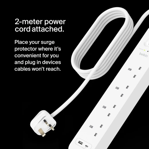 شريط حماية من زيادة التيار الكهربائي من بيلكين مع منافذ USB-C و USB-A، 4 منافذ، سلك 2 متر - بيلكين - Image 2