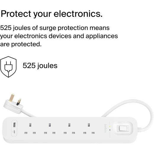شريط حماية من زيادة التيار الكهربائي من بيلكين مع منافذ USB-C و USB-A، 4 منافذ، سلك 2 متر - بيلكين - Image 3