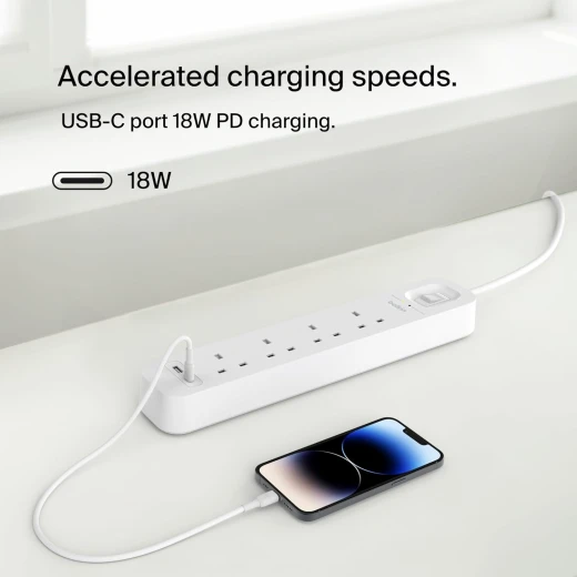 شريط حماية من زيادة التيار الكهربائي من بيلكين مع منافذ USB-C و USB-A، 4 منافذ، سلك 2 متر - بيلكين - Image 4