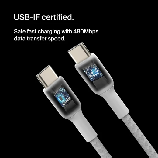 كابل بيلكين BoostCharge USB-C إلى USB-C بطول 3.3 قدم (أبيض، عبوة من قطعتين) لأجهزة iPhone 16 و Galaxy S25 و iPad Pro والمزيد - بيلكين - Image 5