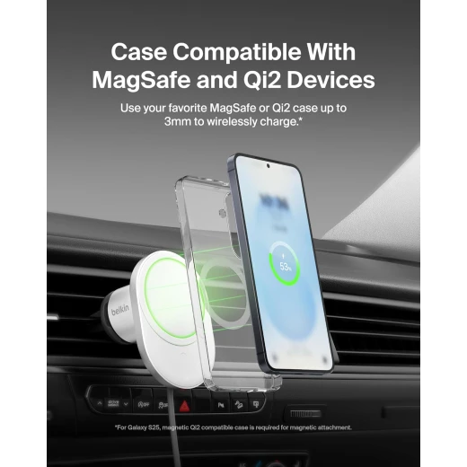 شاحن سيارة لاسلكي بيلكن MagSafe بقوة 15 واط - حامل فتحة تهوية مغناطيسي آمن لأجهزة iPhone 17/16/15/14/13 و Pixel 10 - أبيض - بيلكين - Image 3