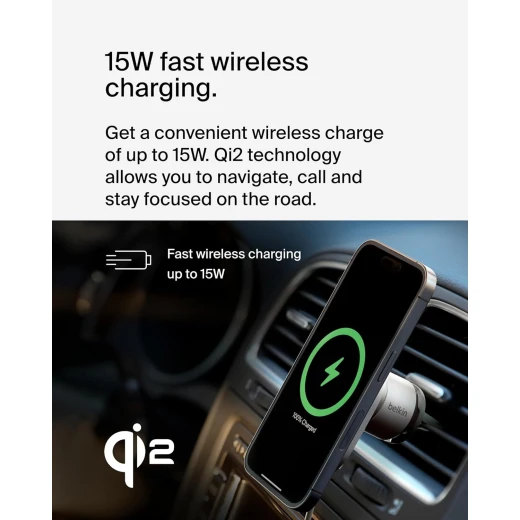شاحن سيارة لاسلكي بيلكن MagSafe بقوة 15 واط - حامل فتحة تهوية مغناطيسي آمن لأجهزة iPhone 17/16/15/14/13 و Pixel 10 - أبيض - بيلكين - Image 4