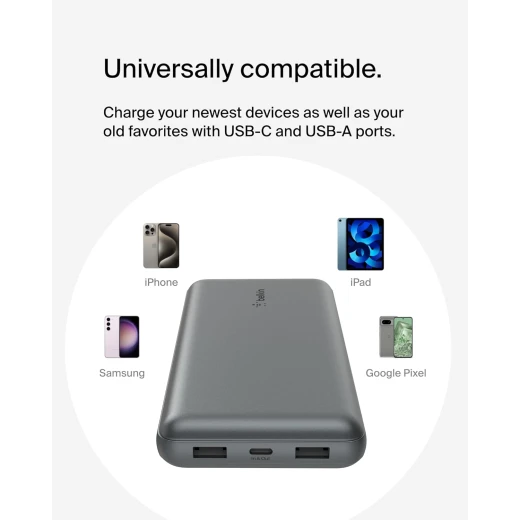شاحن بيلكين 20000 mAh USB-C باور بانك محمول مع منفذي USB-A - رمادي - بيلكين - Image 2