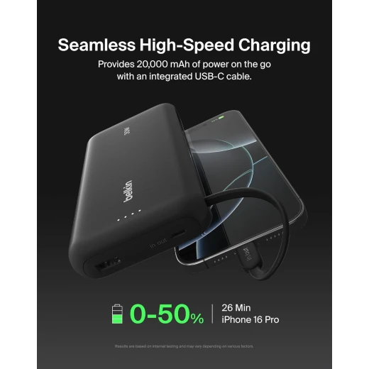 شاحن بيلكين 20K PD 30W محمول مع كابل USB-C مدمج - شحن سريع لأجهزة iPhone و iPad و Galaxy - بيلكين - Image 2