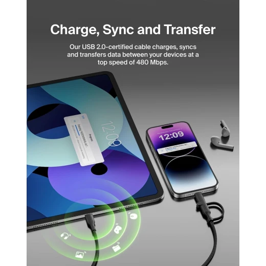 كابل شحن بيلكن 2 في 1 سريع: موصل USB-C و Lightning، أسود مضفر - بيلكين - Image 3
