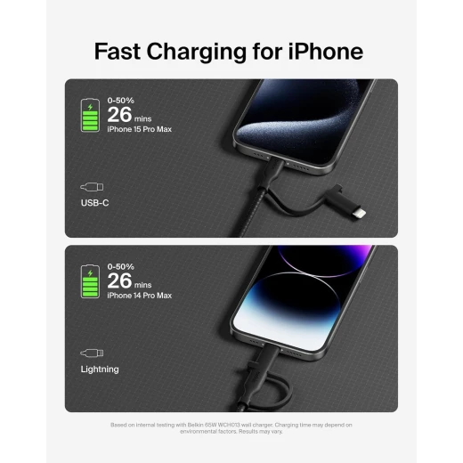 كابل شحن بيلكن 2 في 1 سريع: موصل USB-C و Lightning، أسود مضفر - بيلكين - Image 4