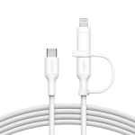 كابل شحن بيلكين 2 في 1 مضفر: موصلات USB-C و Lightning لأجهزة iPhone و iPad و Samsung - أبيض - بيلكين