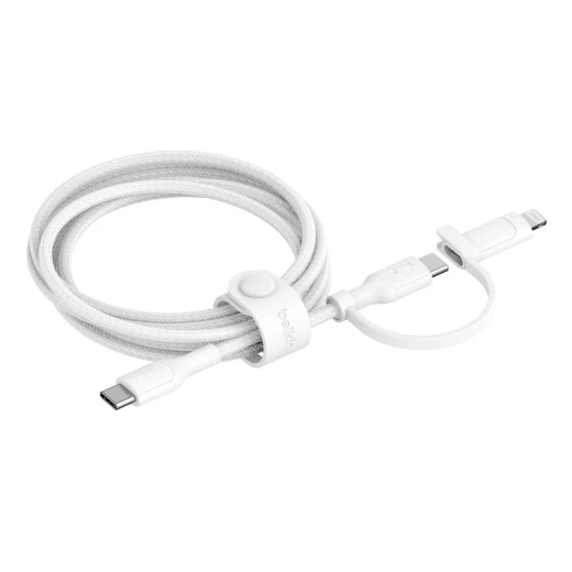 كابل شحن بيلكين 2 في 1 مضفر: موصلات USB-C و Lightning لأجهزة iPhone و iPad و Samsung - أبيض - بيلكين - Image 2