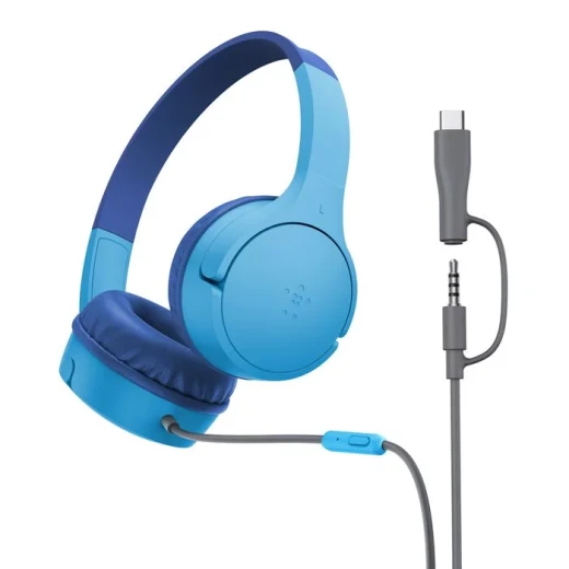سماعات Belkin SoundForm Mini السلكية للأطفال، 3.5 ملم و USB-C، ازرق