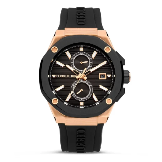 Cerruti 1881 Razzuolo Men's Watch Rose Gold Stainless Steel Black Silicone 46mm Water Resistant 50m Quartz Movement