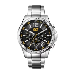 Cat Boston Chronograph Watch Black Dial with Silver Stainless Steel Strap 44mm Case 100M Water Resistance TMI VD53 Movement Classic Design