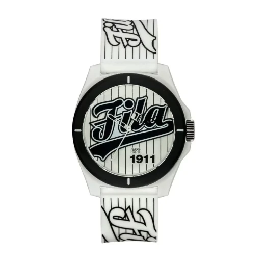 Fila Reinterpret 70's Watch Black Dial Black PC Case 42.5mm with Black Silicone Strap and Japanese Miyota Quartz Movement for Men REF 38-330-005 5 ATM Water Resistance