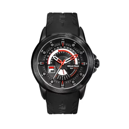 Fila Racer 38-346-001 Men's Watch: Black Dial, IP Black Alloy Case, 42mm, Silicone Strap, 10 ATM Water Resistance, Calendar Function, 1 Year Warranty