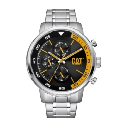 Cat Sail Watch Black Yellow Dial Stainless Steel Strap 46mm Water Resistant 100M Day Date 24 Hour Clock Display Mineral Crystal Stainless Steel Case Men's Wristwatch