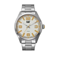 Caterpillar H-Dial Watch Stainless Steel Silver Case with Yellow Dial 44mm Mineral Crystal 100M Water Resistant Men's Timepiece with Stainless Steel Strap