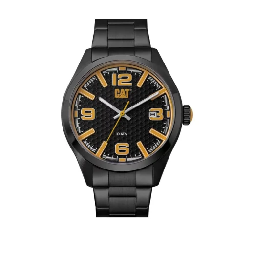 Caterpillar H Dial Watch Black with Yellow Dial and Stainless Steel Strap 44mm Case Water Resistant to 100M for Men