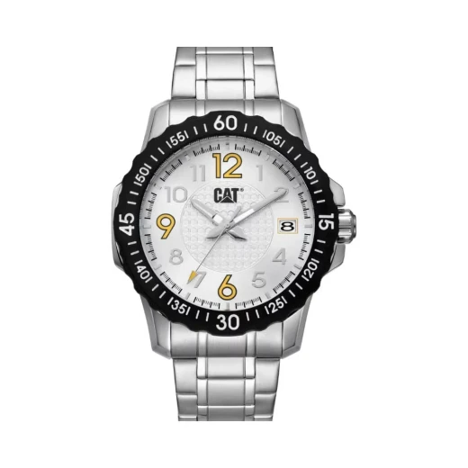 Cat Downforce Watch White Dial Silver Stainless Steel Strap 44mm Case 100M Water Resistant Mineral Crystal 3 Hand Date Movement Motorsport Inspired Design