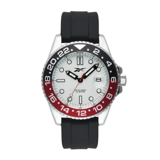 Reebok Hommage Watch with White Dial, Red Accents and Black Silicone Strap 42mm Case, 5 ATM Water Resistance, 3-Hand Movement for Men