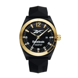 Reebok Legazi Black/Gold Watch: 43mm ABS & Stainless Steel Case, Silicone Strap, Miyota Movement, 5 ATM Water Resistance, Date Display, Sporty Design