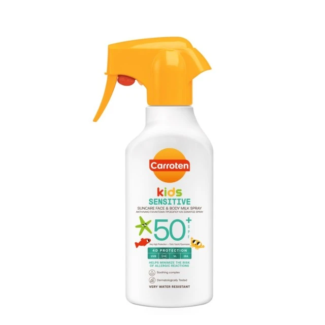Carroten Kids Sensitive Face & Body Milk Spray SPF50+ 270ml, 4D Protection Sunscreen - Carroten
