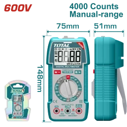 TOTAL Digital Multimeter 600V TRMS 4000 Counts, DC/AC Voltage & Current, NCV & Flashlight (TMT536002)