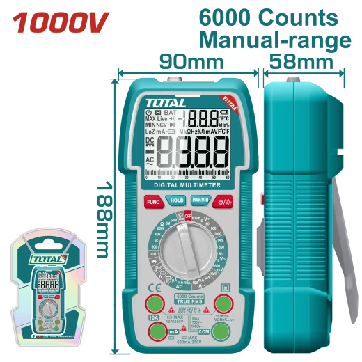 ملتيميتر رقمي 1000 فولت – شاشة TRMS بعداد 6000، قياس DC/AC، مع NCV وكشاف من توتال (TMT5310002)