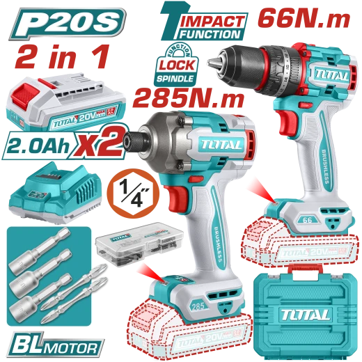 طقم درل شحن و درل مفكات 20V بدون فحمات من توتال (TCKLI20277) طقم درل شحن و درل مفكات 20V بدون فحمات من توتال (TCKLI20277)