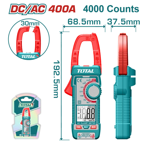 جهاز كلامب ميتر DC/AC حتى 400A – TRMS بعداد 4000، مع NCV وضوء من توتال (TMT762002) جهاز كلامب ميتر DC/AC حتى 400A – TRMS بعداد 4000، مع NCV وضوء من توتال (TMT762002)