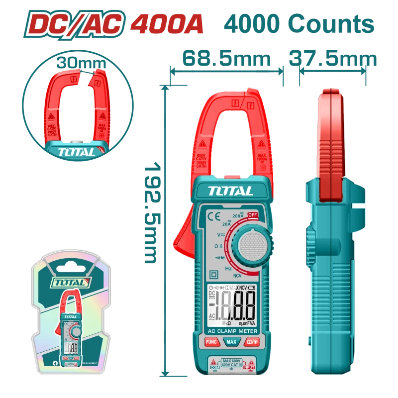 جهاز كلامب ميتر DC/AC حتى 400A – TRMS بعداد 4000، مع NCV وضوء من توتال (TMT762002) - توتال