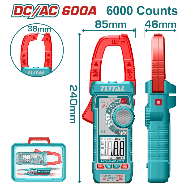 كلامب ميتر 600 أمبير DC/AC - بعداد 6000 TRMS مع قياس الحرارة والتردد والتيار اللحظي من توتال (TMT766002) - توتال