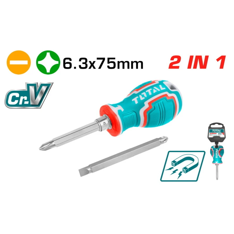 مجموعة مفك 2 في 1 برأس فيليبس PH2 ورأس مسطح SL6.3*75 مم – تصميم مبتكر مع مقبض مريح وطول رمح 75 مم للوصول الدقيق من توتال - توتال