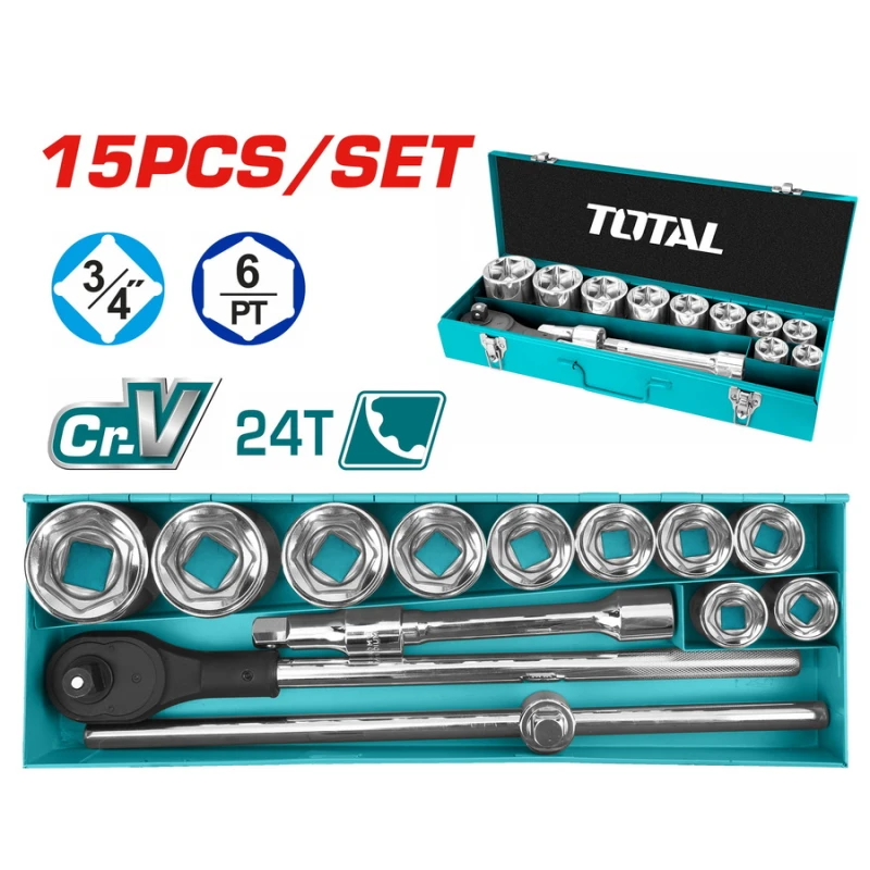 طقم مأزس درايفر 15 قطعة مقاس 3/4 بوصة موديل THT341151 من فولاذ كروم فاناديوم 50BV30 مع حافظة بلاستيكية محكمة الإغلاق من توتال - توتال