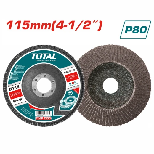 قرص صنفرة دائري P80 ,مقاس 115×22.2 مم (4.5 بوصة), تصميم شرائحي متين لأعمال الطحن والتشطيب، متوافق مع الجلاخات الزاوية من توتال قرص صنفرة دائري P80 ,مقاس 115×22.2 مم (4.5 بوصة), تصميم شرائحي متين لأعمال الطحن والتشطيب، متوافق مع الجلاخات الزاوية من توتال