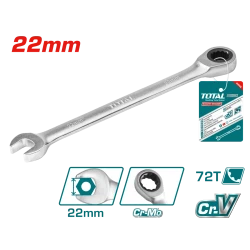 Total 22mm Ratchet Spanner, 290mm Chrome Vanadium Wrench with Non-Slip Finish and High-Torque Performance