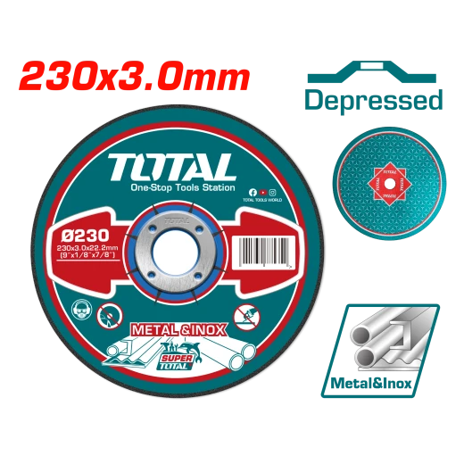 ديسك قص معادن خشن – 230×3.0×22.2 ملم، مركز منخفض، للحديد والستانلس من توتال (TAC2212301HA) ديسك قص معادن خشن – 230×3.0×22.2 ملم، مركز منخفض، للحديد والستانلس من توتال (TAC2212301HA)