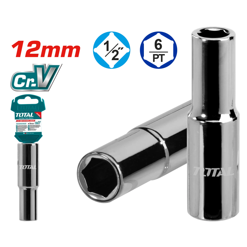 بكس طويل سداسي 12مم – 1/2 إنش، فولاذ 50BV30، مطلي نيكل أسود من توتال (THTST12123L) - توتال