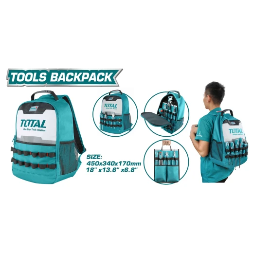 حقيبة أدوات ظهر من توتال – وزن 8 كجم، موديل THBP0201، تصميم مريح ومتين لحمل وتنظيم الأدوات أثناء التنقل حقيبة أدوات ظهر من توتال – وزن 8 كجم، موديل THBP0201، تصميم مريح ومتين لحمل وتنظيم الأدوات أثناء التنقل