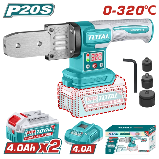 طقم أداة لحام أنابيب البلاستيك اللاسلكية TOTAL 20V - 320 درجة مئوية مع بطاريتين و 3 رؤوس طقم أداة لحام أنابيب البلاستيك اللاسلكية TOTAL 20V - 320 درجة مئوية مع بطاريتين و 3 رؤوس
