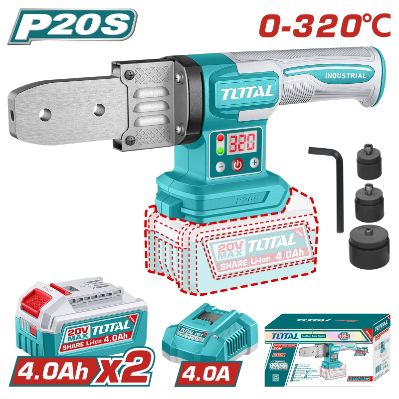 طقم أداة لحام أنابيب البلاستيك اللاسلكية TOTAL 20V - 320 درجة مئوية مع بطاريتين و 3 رؤوس - توتال