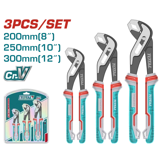 مجموعة كماشة مضخة TOTAL 3 قطع - فولاذ Cr-V، تشطيب أسود، مقبض TPR مجموعة كماشة مضخة TOTAL 3 قطع - فولاذ Cr-V، تشطيب أسود، مقبض TPR