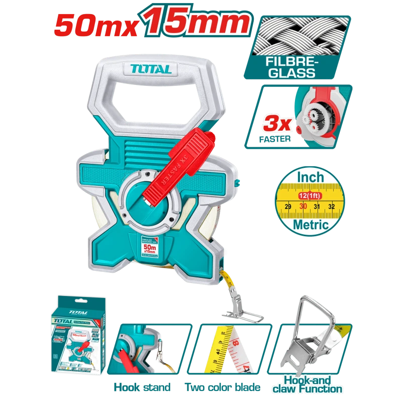 كركر فايبرغلاس 50 متر × 15 ملم – طباعة مزدوجة، رجوع سريع، غلاف مطاطي من توتال (TMTF18506) - توتال
