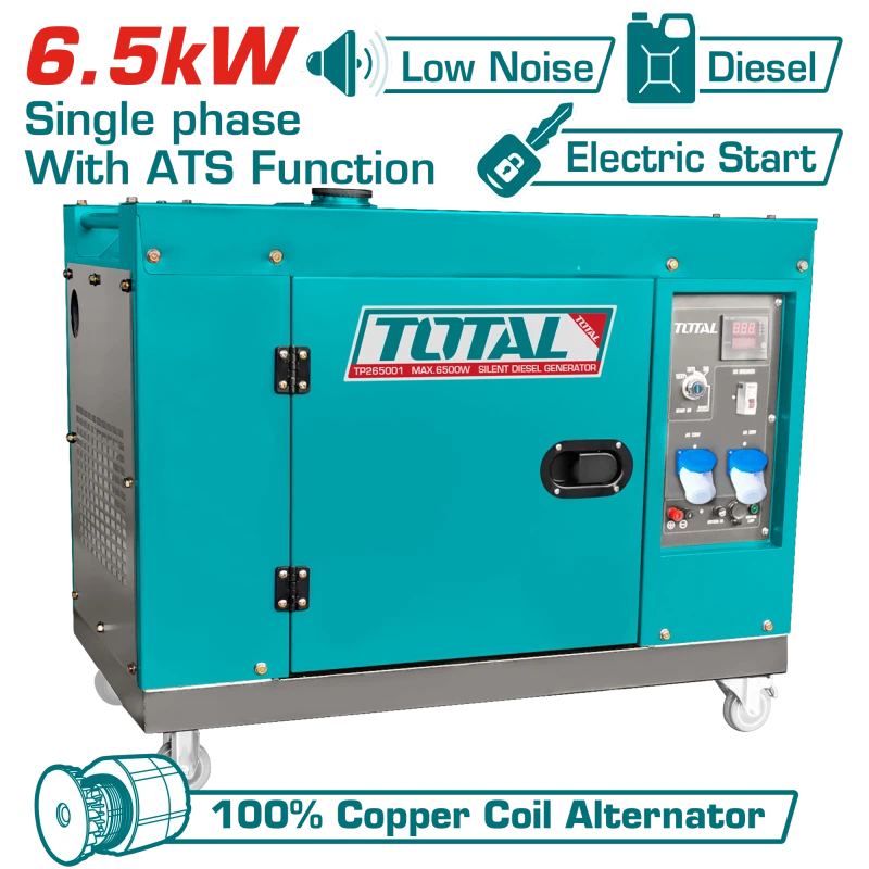 مولد ديزل صامت 6.5kW مع ATS – تشغيل كهربائي، محرك 12HP، سعة 498cc من توتال (TP265001-1) - توتال